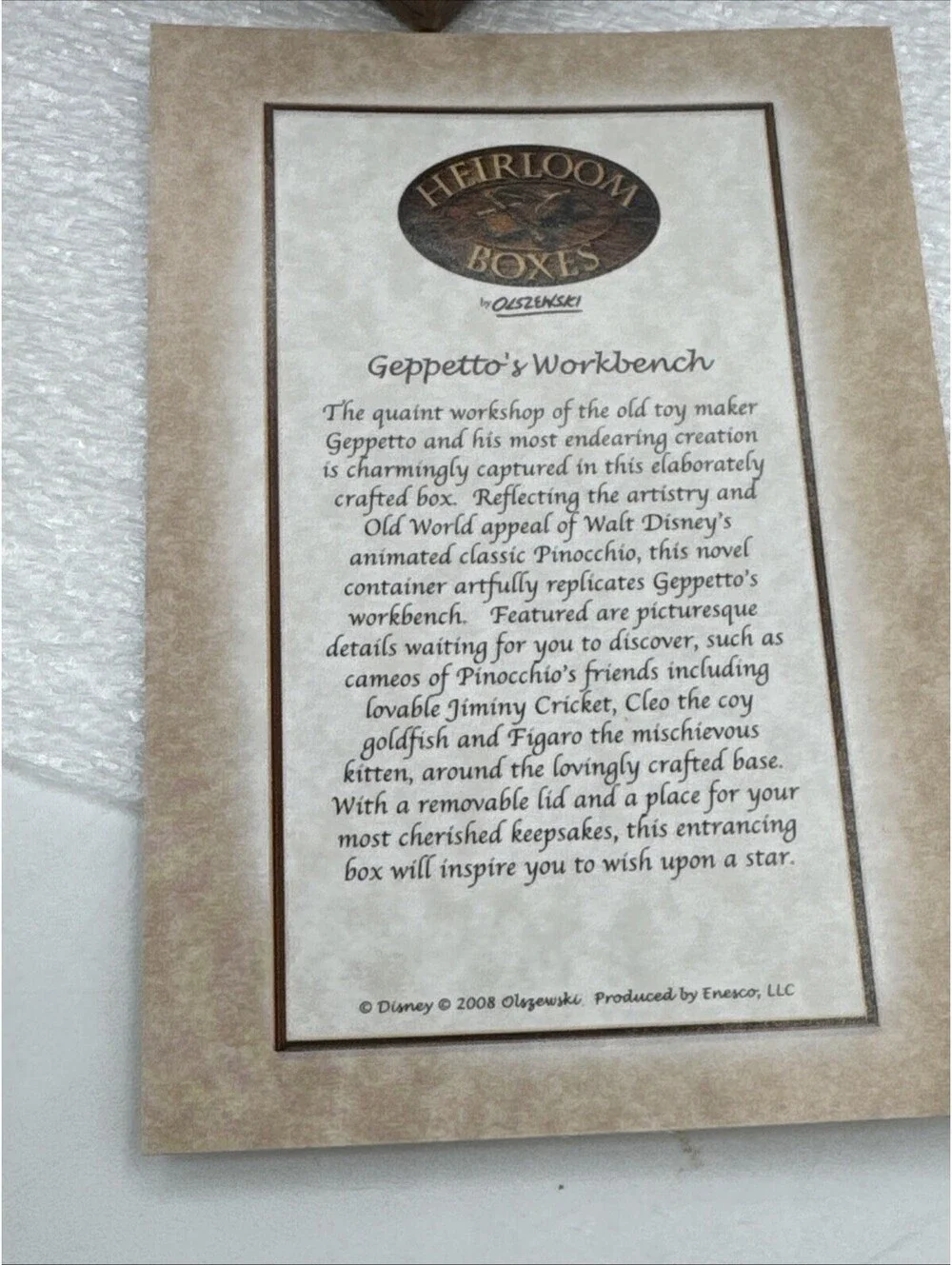 Disney Olszewski Pinocchio on Geppetto’s Workbench Heirloom Box Enesco 2008